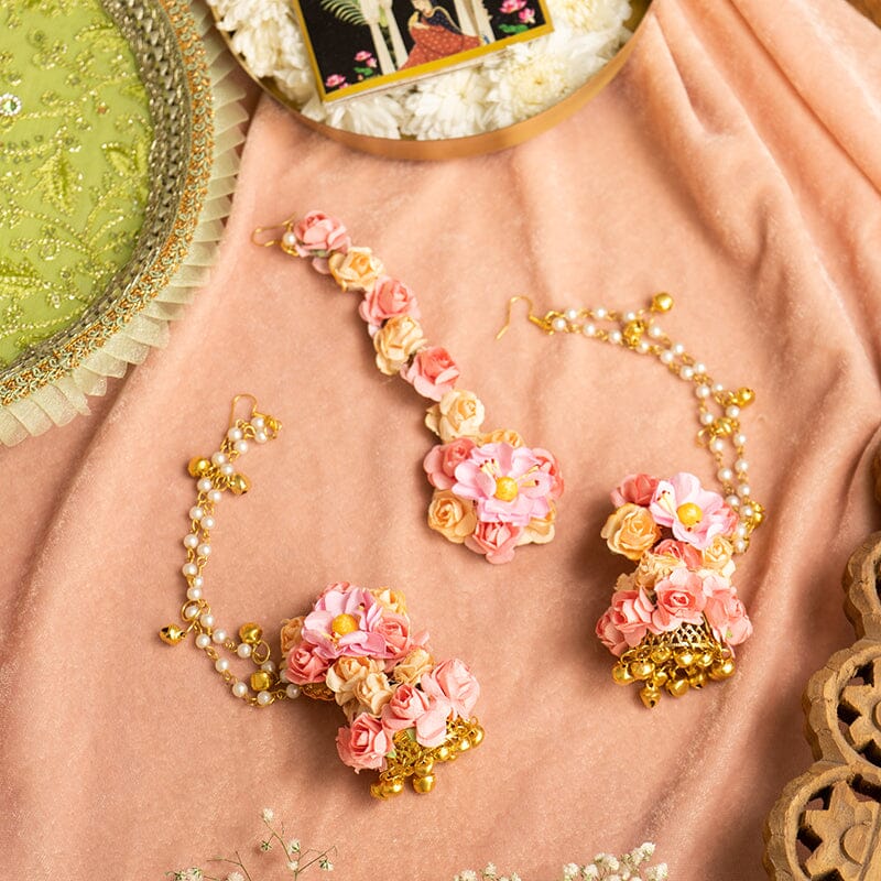 Floral Lemon Yellow Pink Earring & Maang Tikka Set