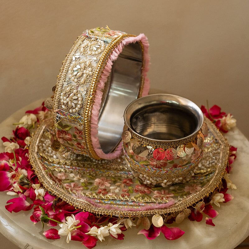 Shehnaaz Embellished Pink Karwa Chauth Thali Set