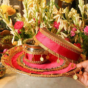 Pink Mirror Gold Coins Karwa Chauth Thali Set