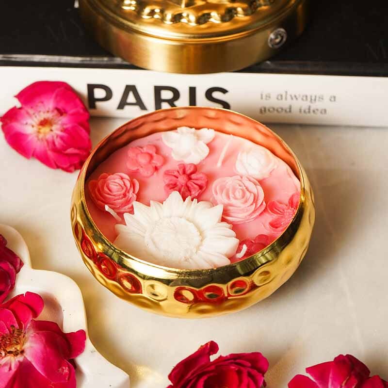 Rose Floral Wax Candle Urli (Gold)