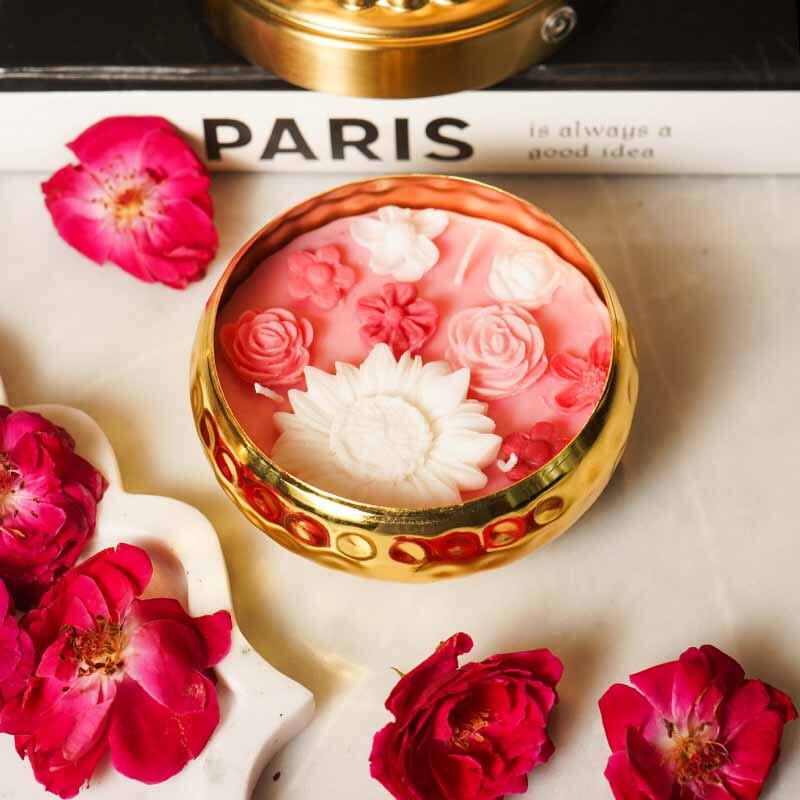 Rose Floral Wax Candle Urli (Gold)