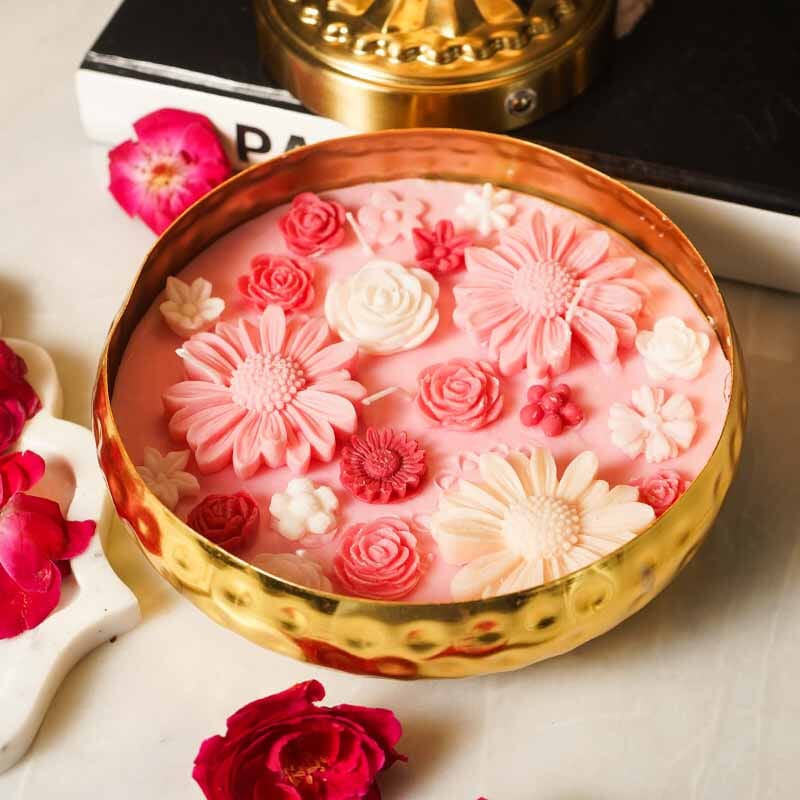 Rose Floral Wax Candle Urli (Gold)