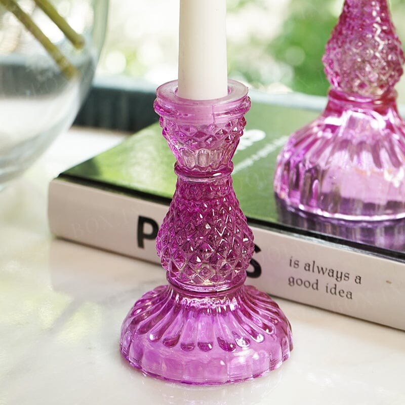 Clear Crystal Pink Glass Pillar Candle Holder Set of 2