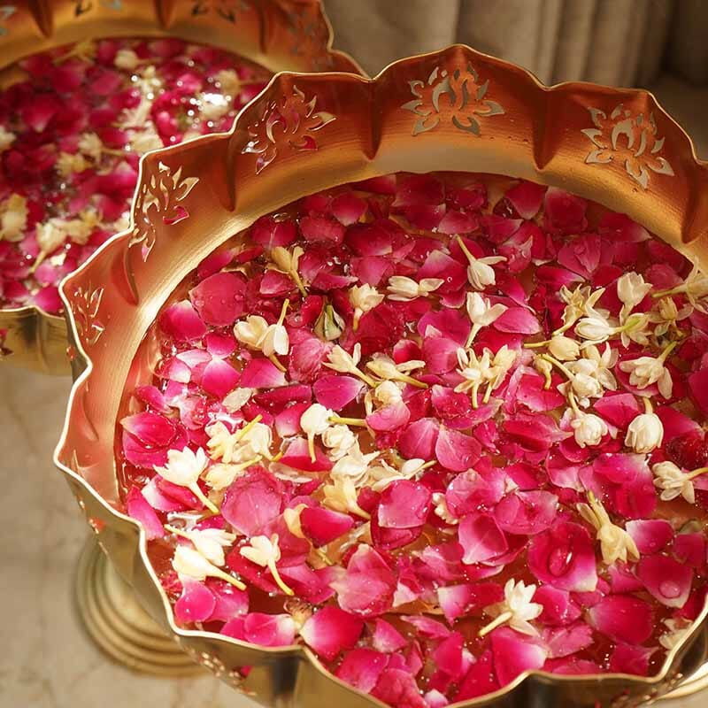 Elegant Gold Lotus Urli with Stand (Tall)