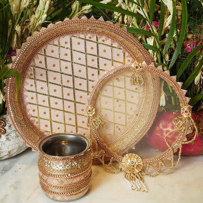 Pretty Peach Karwa Chauth Thali Set