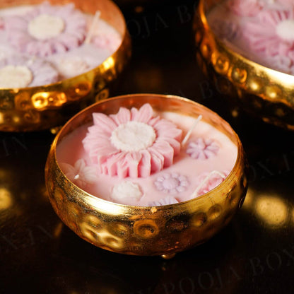 Lavender Floral Wax Candle Urli (Gold)