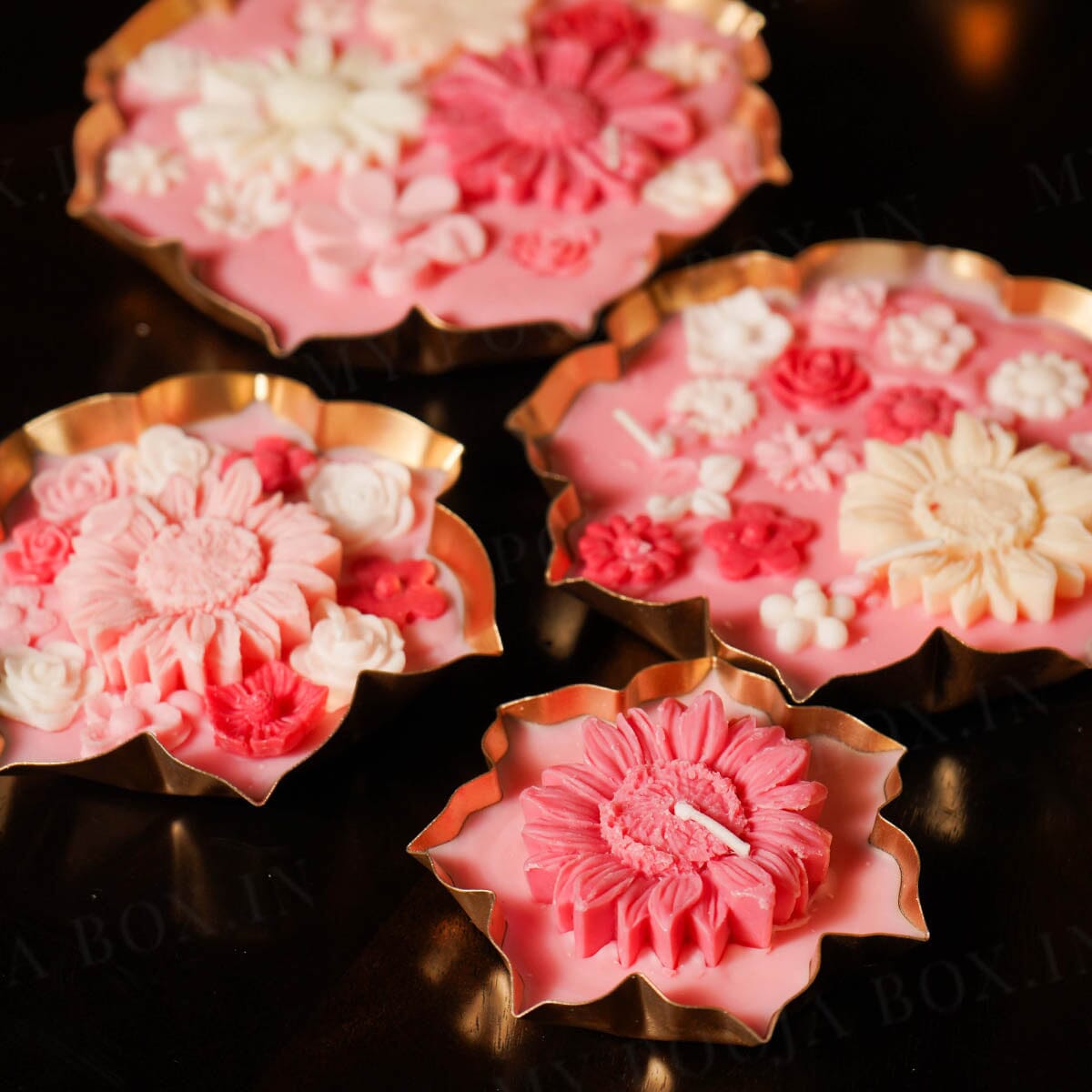 Rose Floral Wax Lotus Candle Urli (Gold)