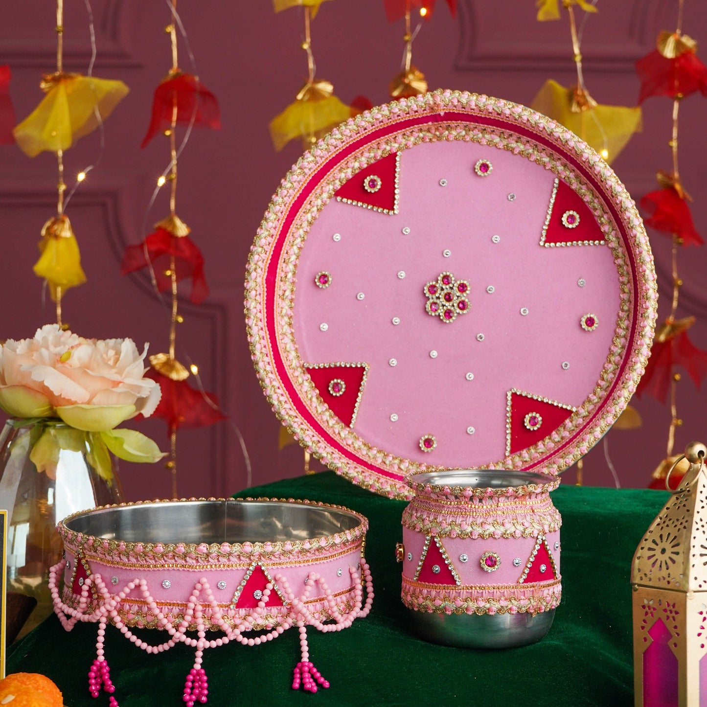 Coral Pink Velvet Karwa Chauth Thali Set