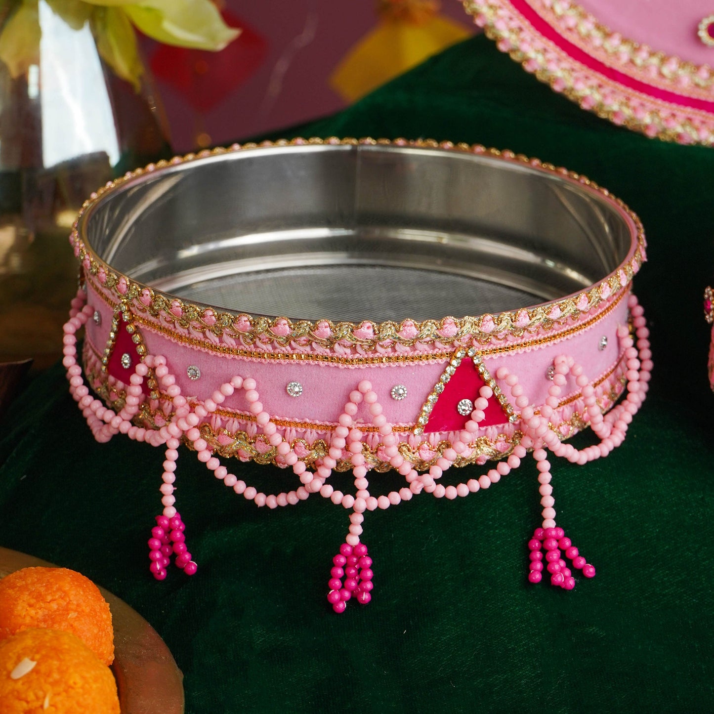 Coral Pink Velvet Karwa Chauth Thali Set