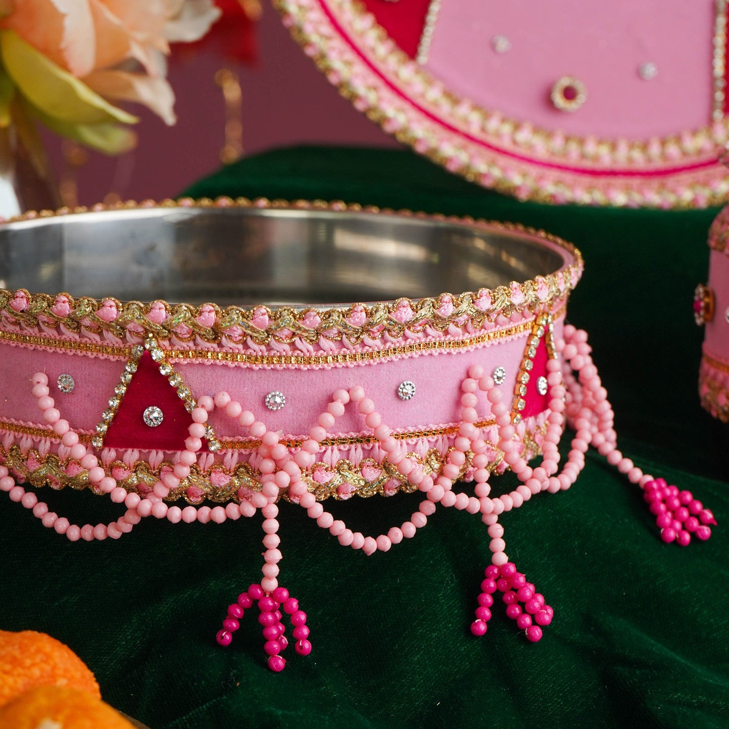 Coral Pink Velvet Karwa Chauth Thali Set