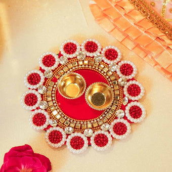Red White Beaded Roli Akshat Mini Thali