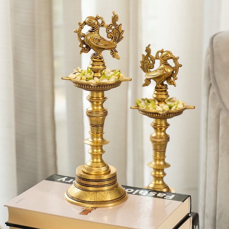 Handcrafted Brass Peacock Pillar Diya (Set of 2)