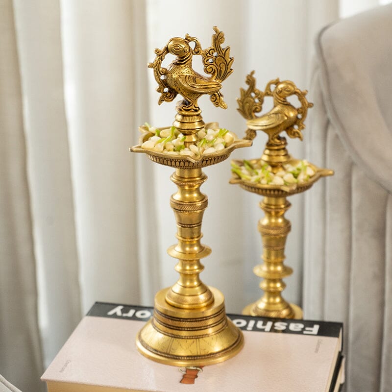 Handcrafted Brass Peacock Pillar Diya (Set of 2)