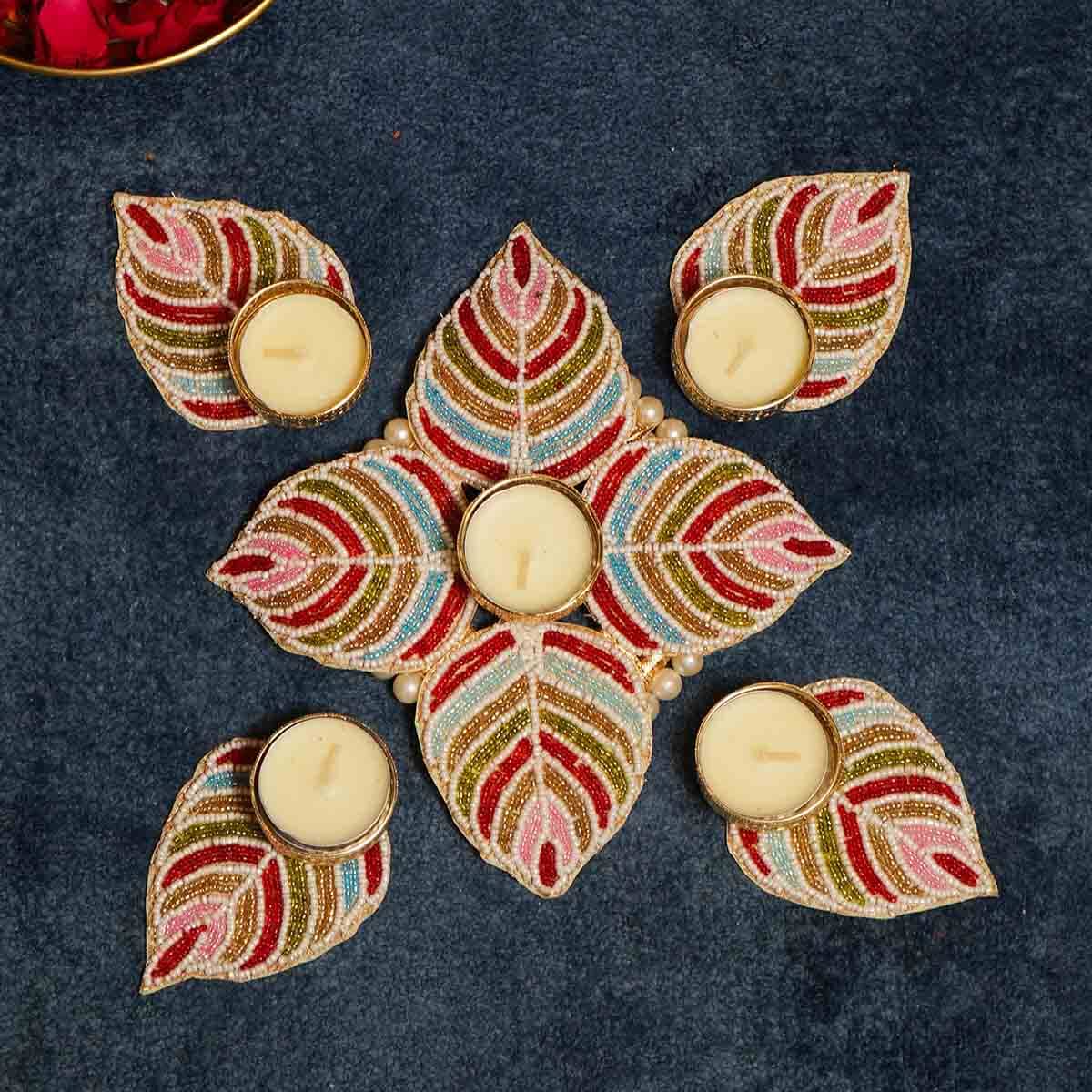 Festive Beaded Decorative Diya Rangoli Set of 5