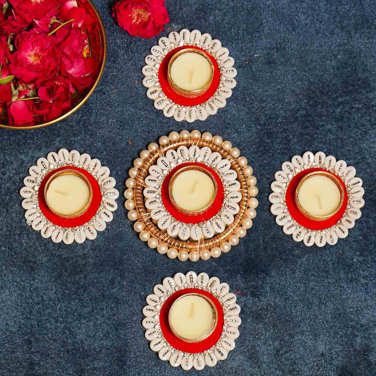 Festive Red Shells Diya Rangoli Set of 5