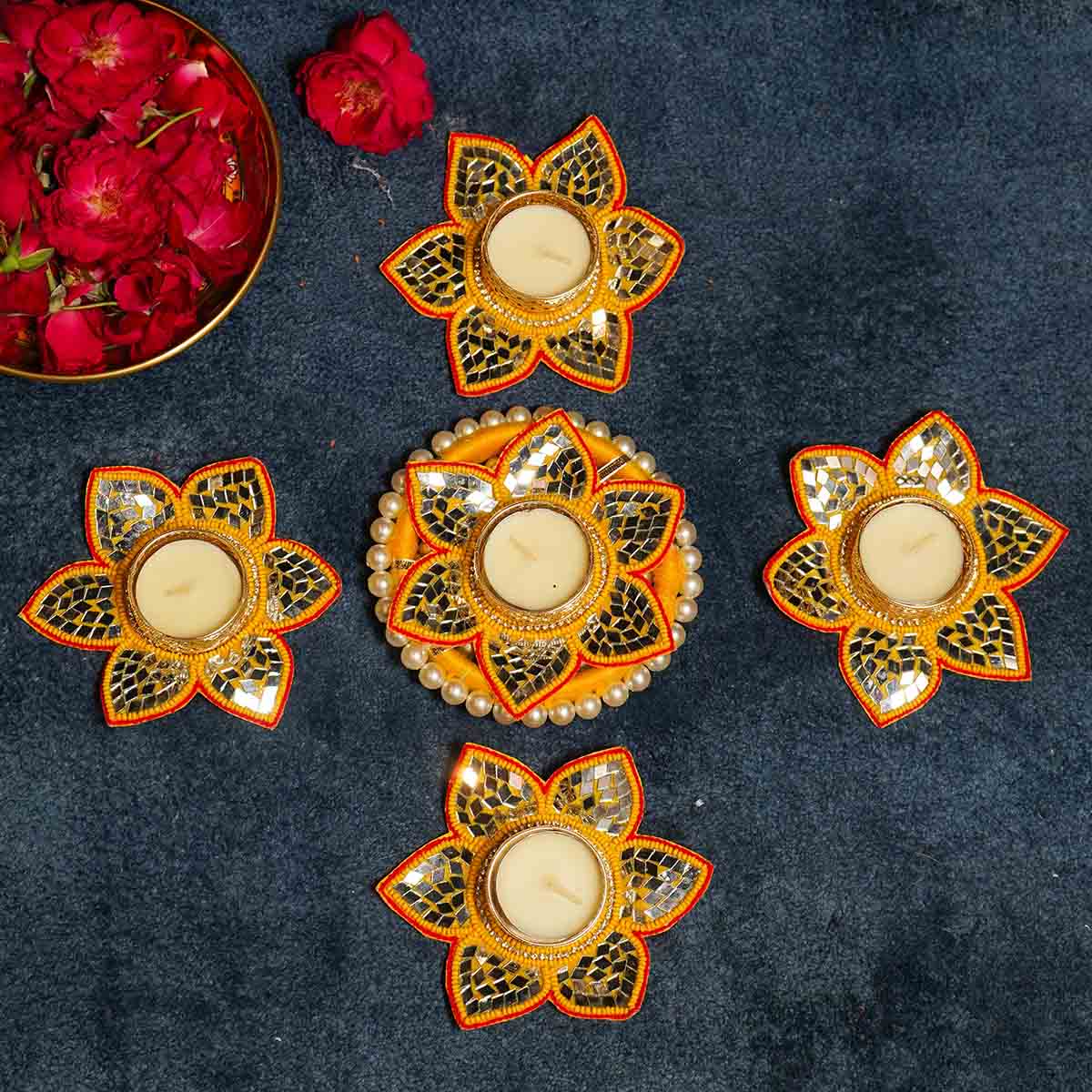 Festive Orange Mirrored Diya Rangoli Set of 5