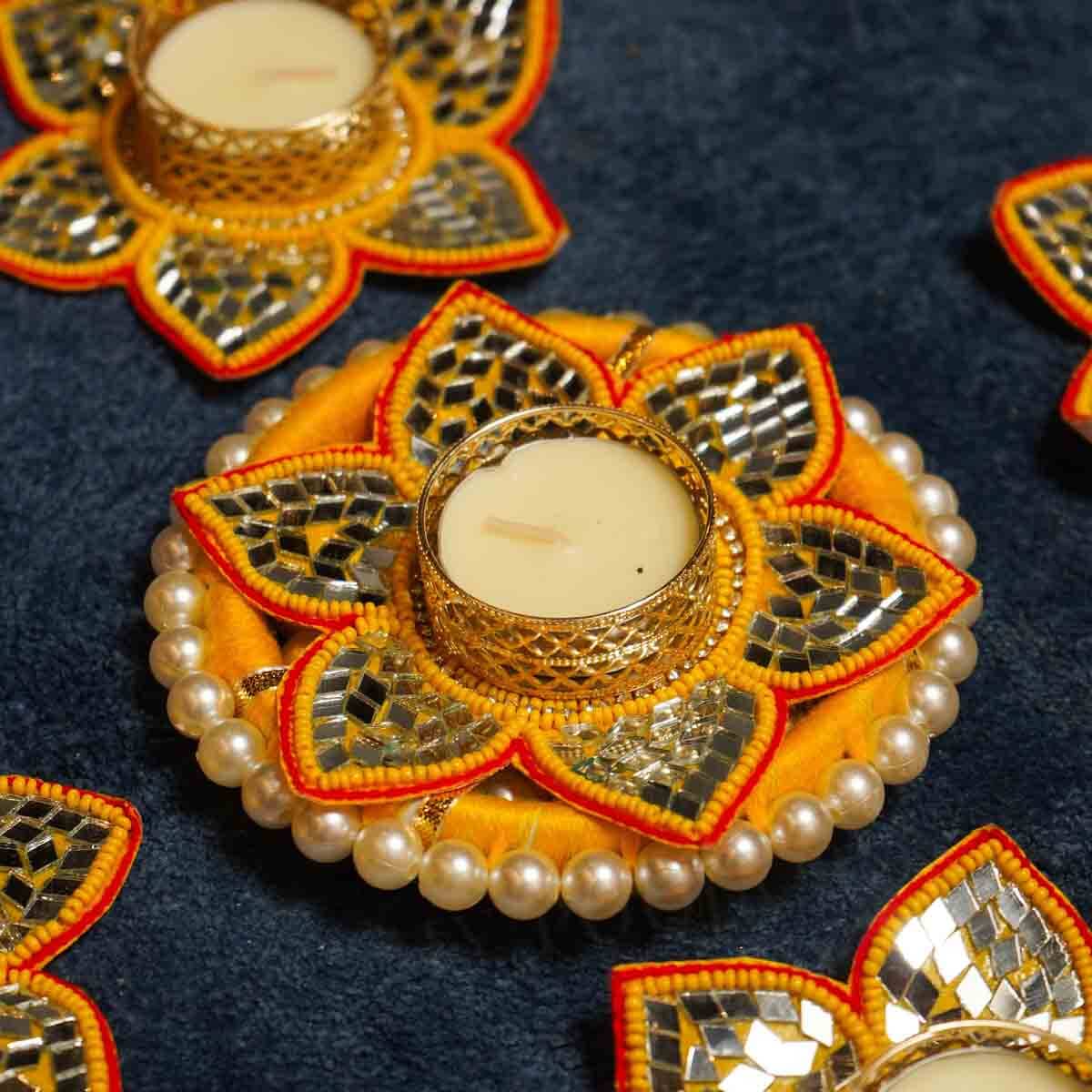 Festive Orange Mirrored Diya Rangoli Set of 5