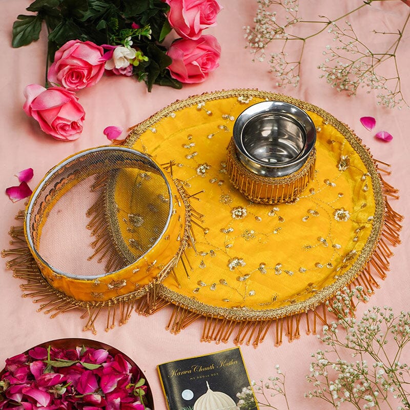 Traditional Yellow Karwa Chauth Thali Set