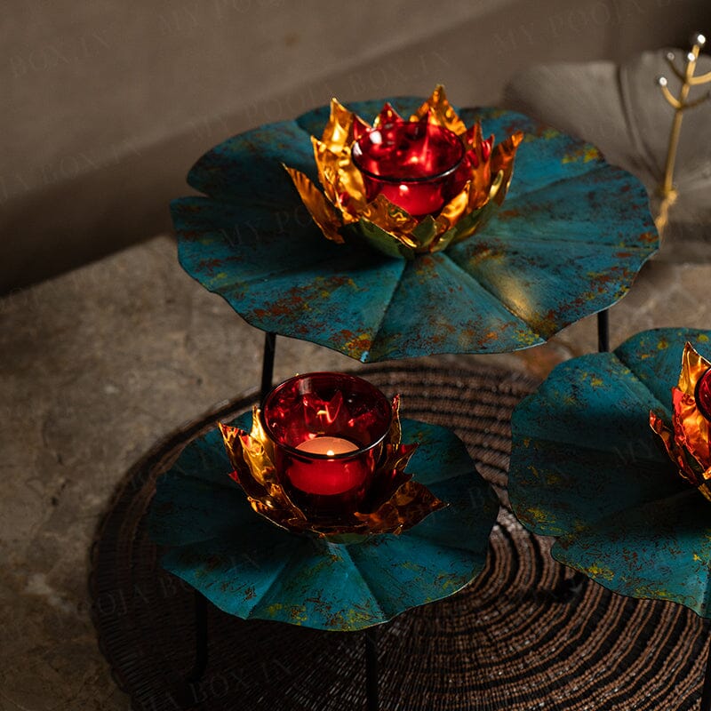 Teal Petal Lotus Diya Stand (Set of 3)