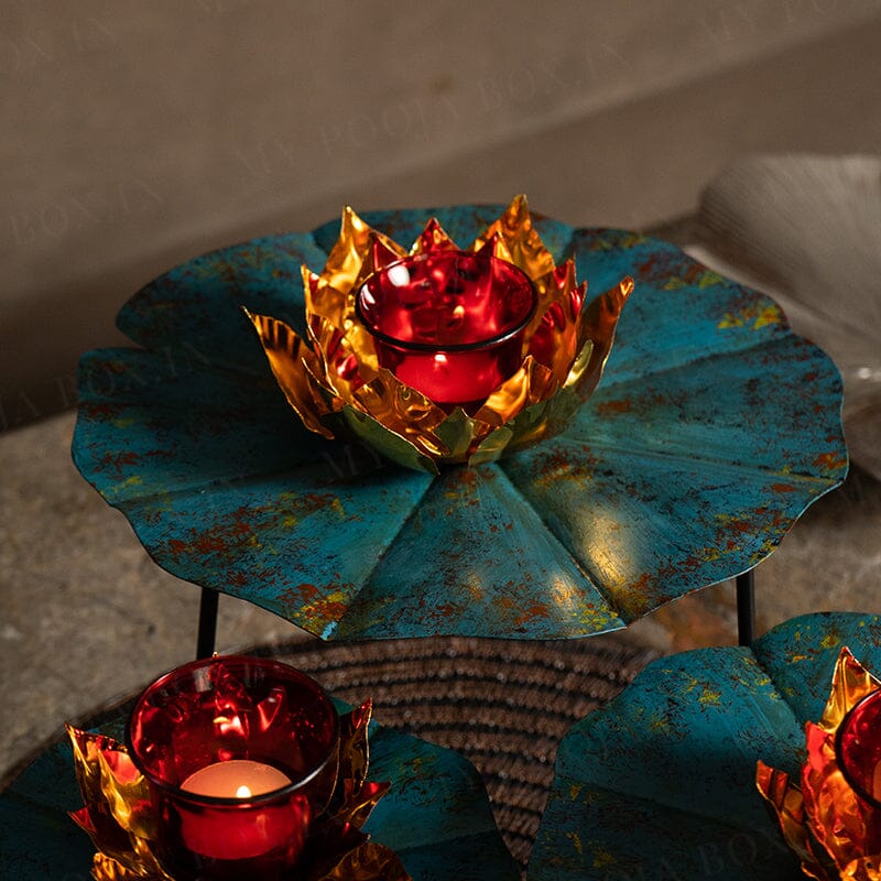 Teal Petal Lotus Diya Stand (Set of 3)