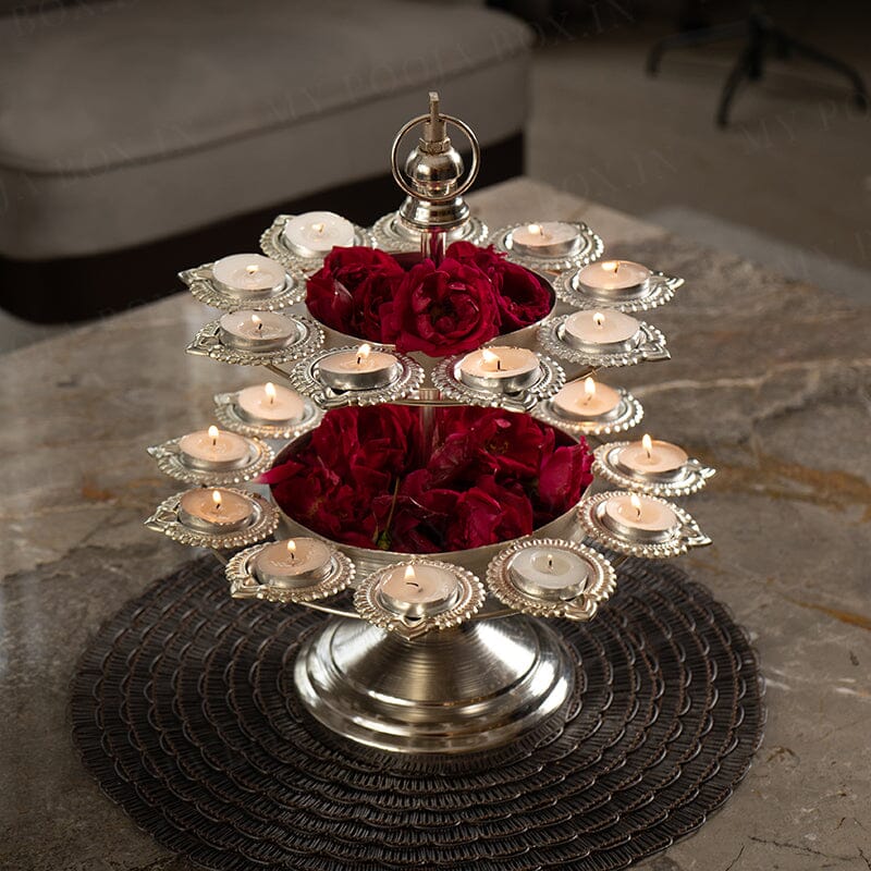 Exquisite Layer Silver Diya Urli Stand