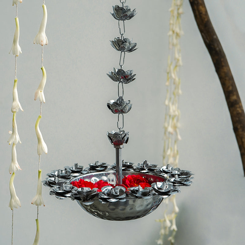 Luxury Floral Silver Finish Hanging Urli