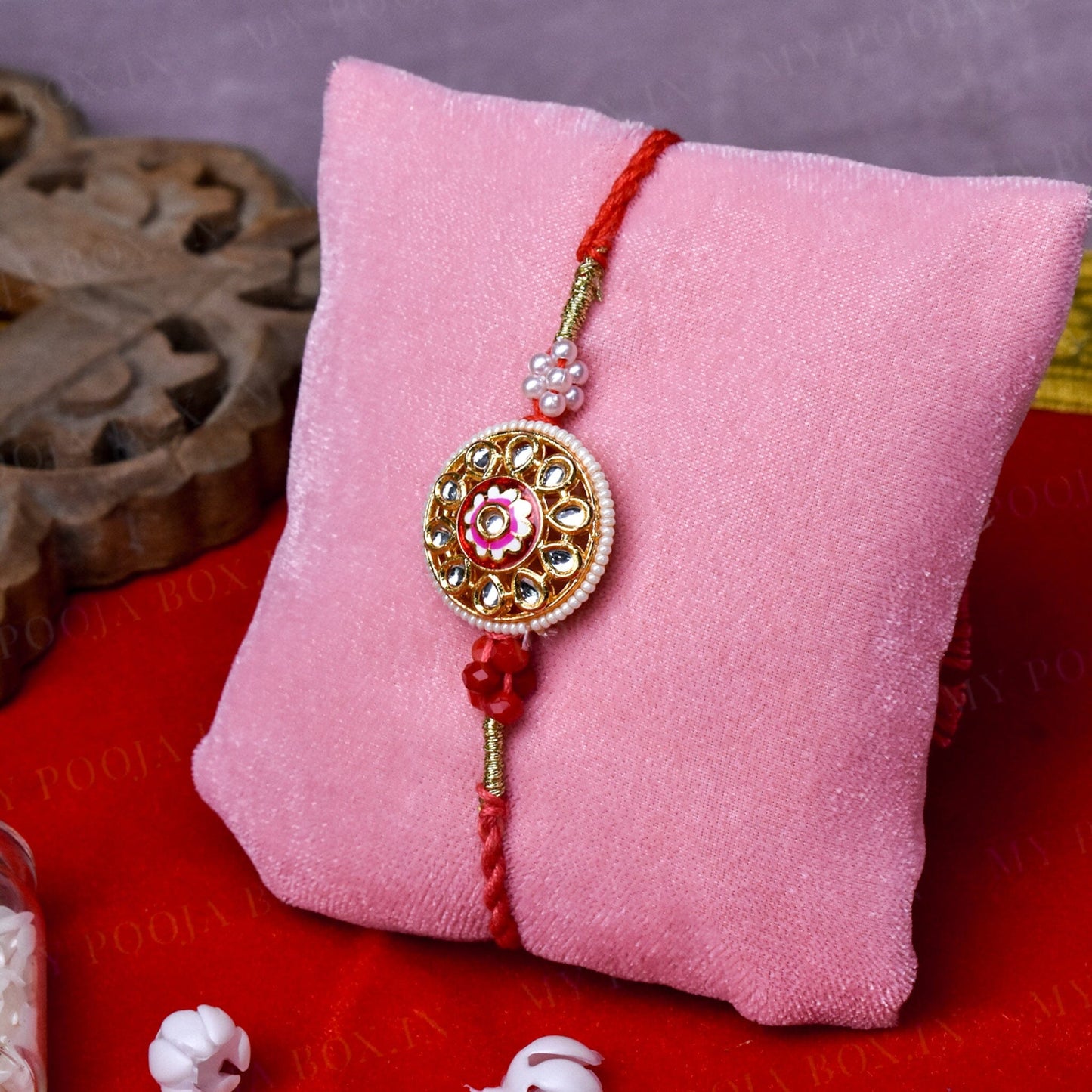 Red Bead & Kundan Flower Bhaiya Bhabhi Rakhi