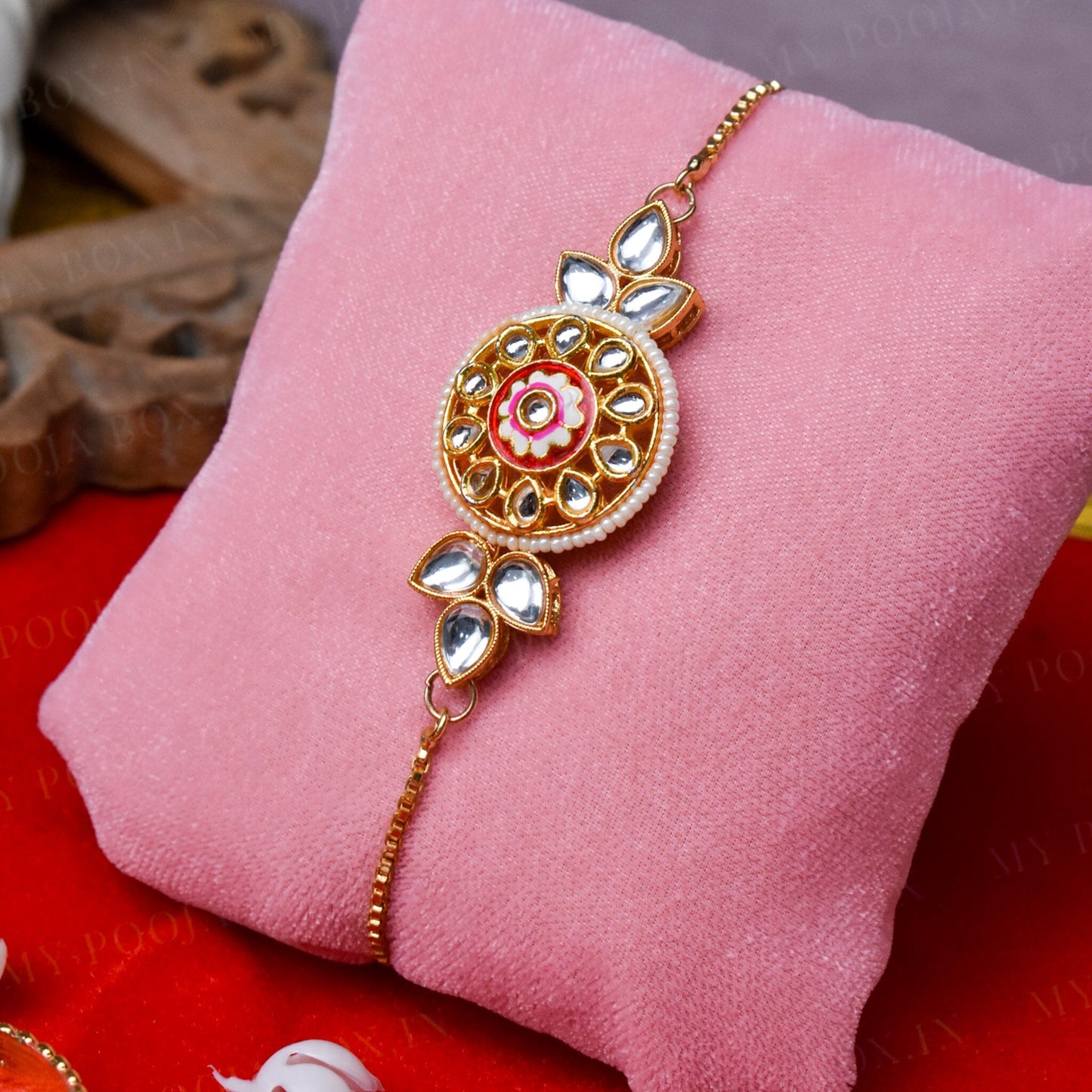 Red Bead & Kundan Flower Bhaiya Bhabhi Rakhi