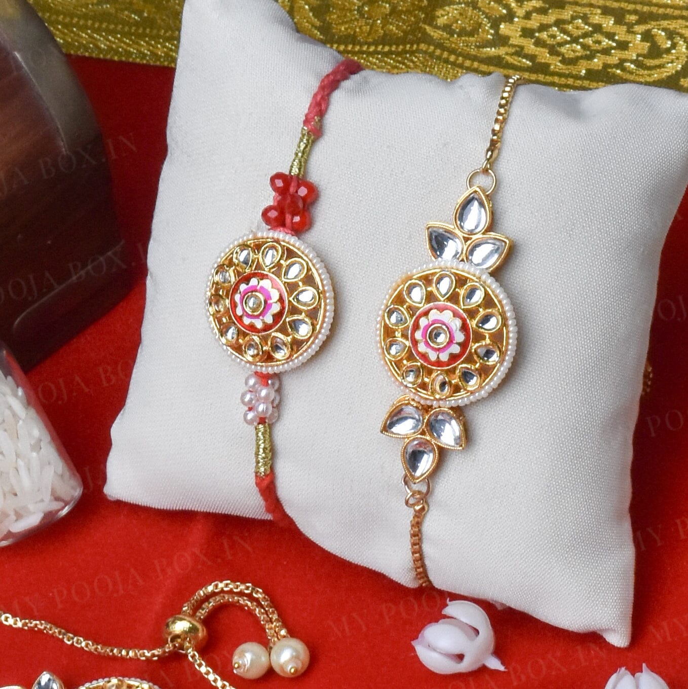 Red Bead & Kundan Flower Bhaiya Bhabhi Rakhi