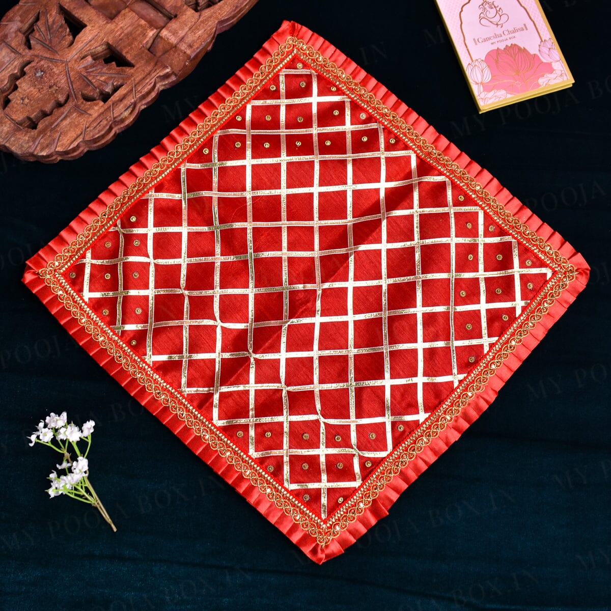 30x30 Velvet Pooja Mat Aasan Golden Red