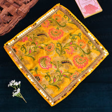 30x30 Velvet Pooja Mat Aasan Yellow Floral Printed