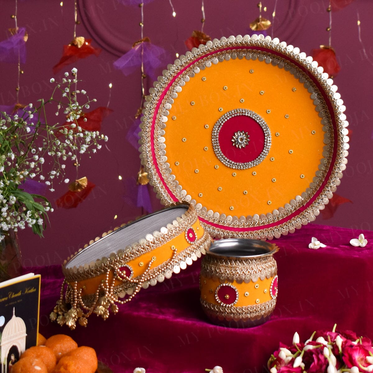 Lustrous Yellow Velvet Karwa Chauth Thali Set