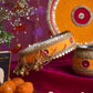 Lustrous Yellow Velvet Karwa Chauth Thali Set