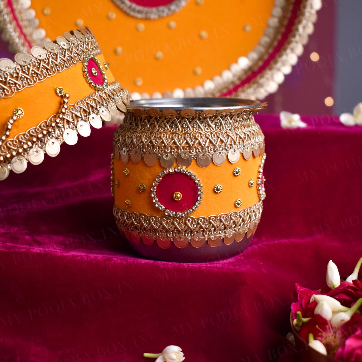 Lustrous Yellow Velvet Karwa Chauth Thali Set