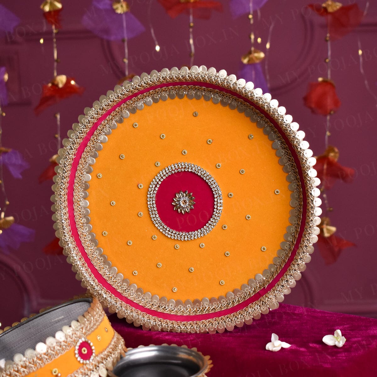 Lustrous Yellow Velvet Karwa Chauth Thali Set