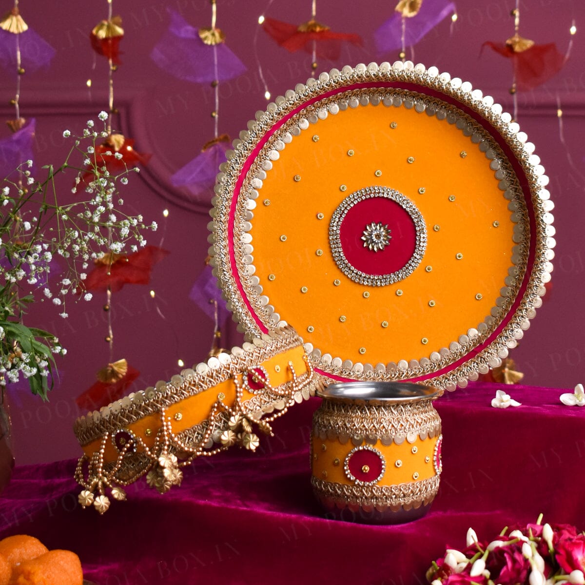 Lustrous Yellow Velvet Karwa Chauth Thali Set