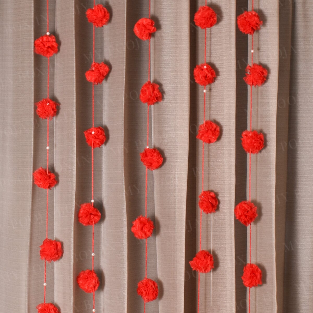 Red Floral PomPom Backdrop Curtain/Door Hanging Set Of 5