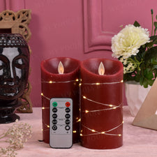 RED Real Wax Pillar Candles With String Lights (Set of 2)