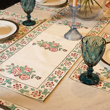 Green Red Meera Floral Block Print Cotton Table Runner