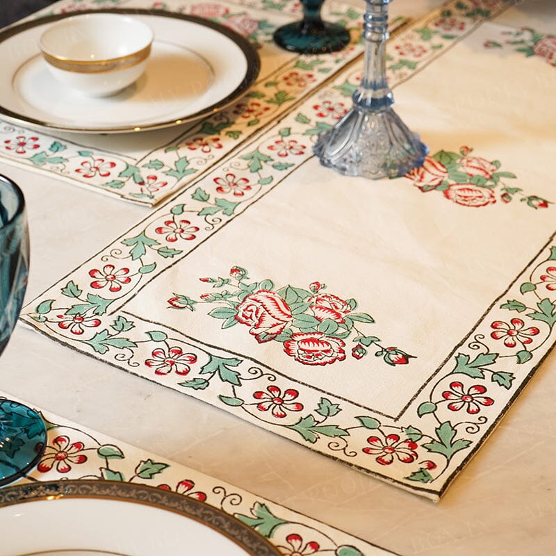 Green Red Meera Floral Block Print Cotton Table Runner