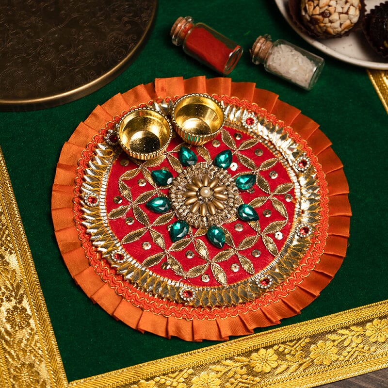 Rajwada Gota Patti Orange Pooja Thali 6