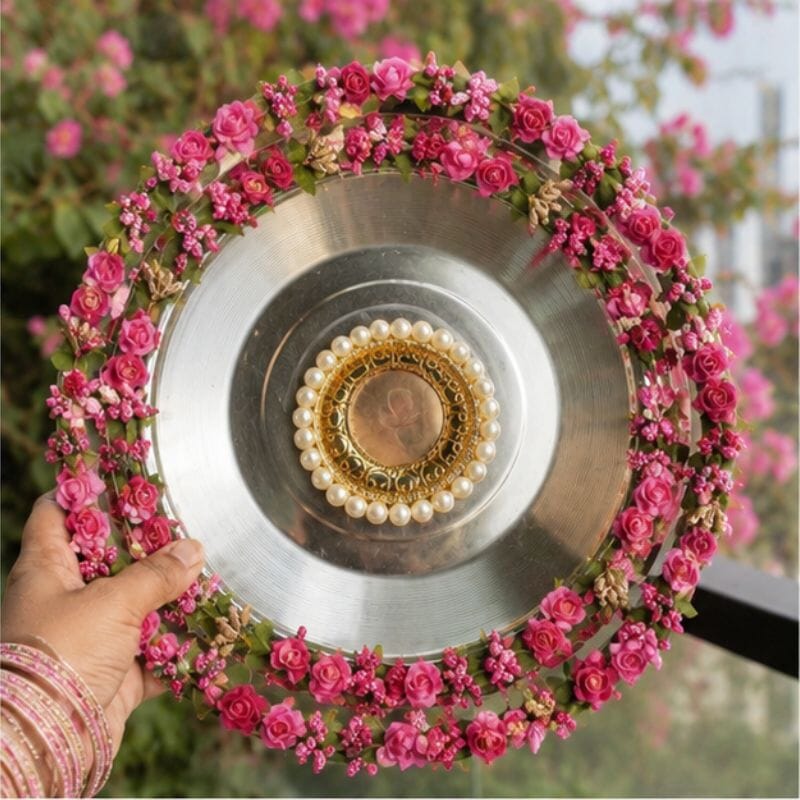 Pink Camellias Flower Karwa Chauth Thali Set