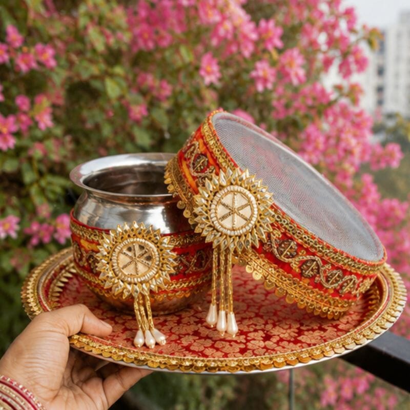 Bright Orange Gota Karwa Chauth Thali Set