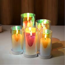 Rainbow LED Flickering Glass Jar Pillar Candles With Stand (Set of 5)