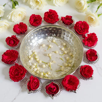 Aesthetic Silver Finish Floral Urli With Diya