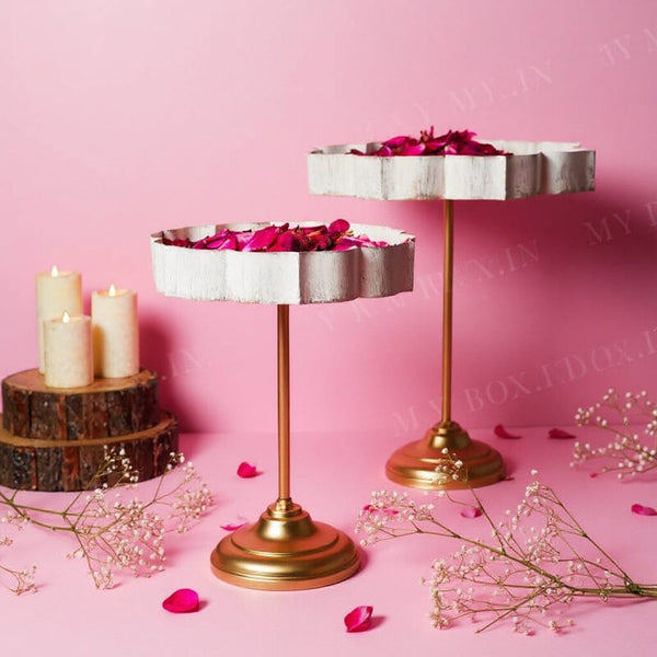 White And Gold Lotus Urli With Stand