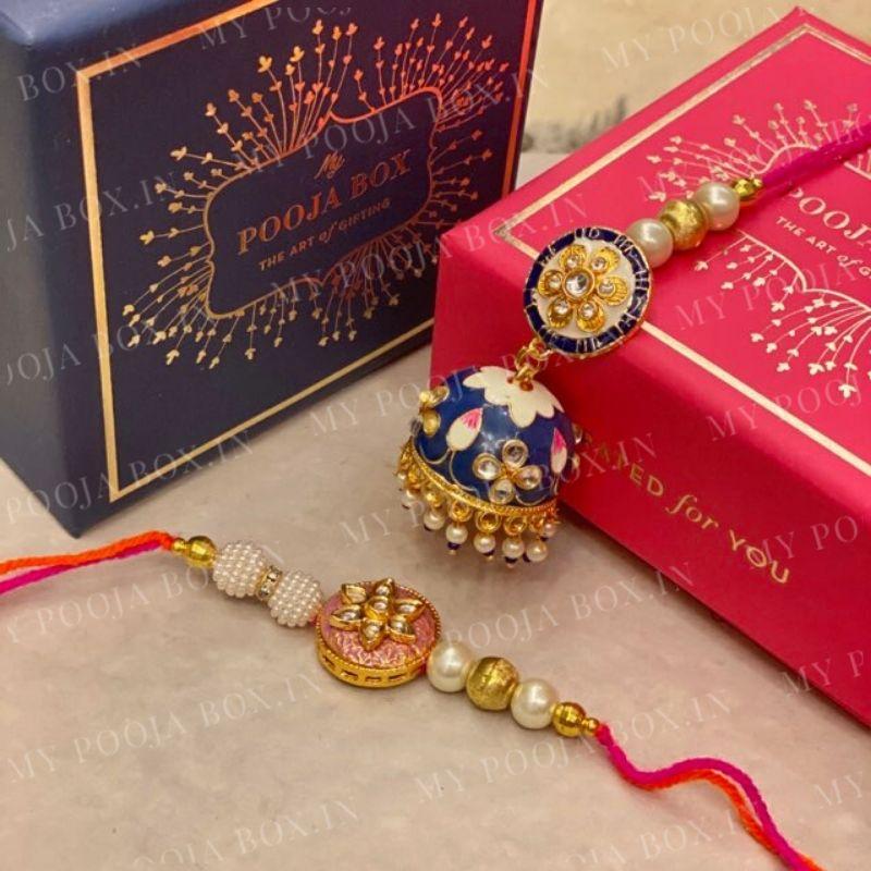 Meenakari Navy Blue Bhaiya Bhabhi Rakhi Set