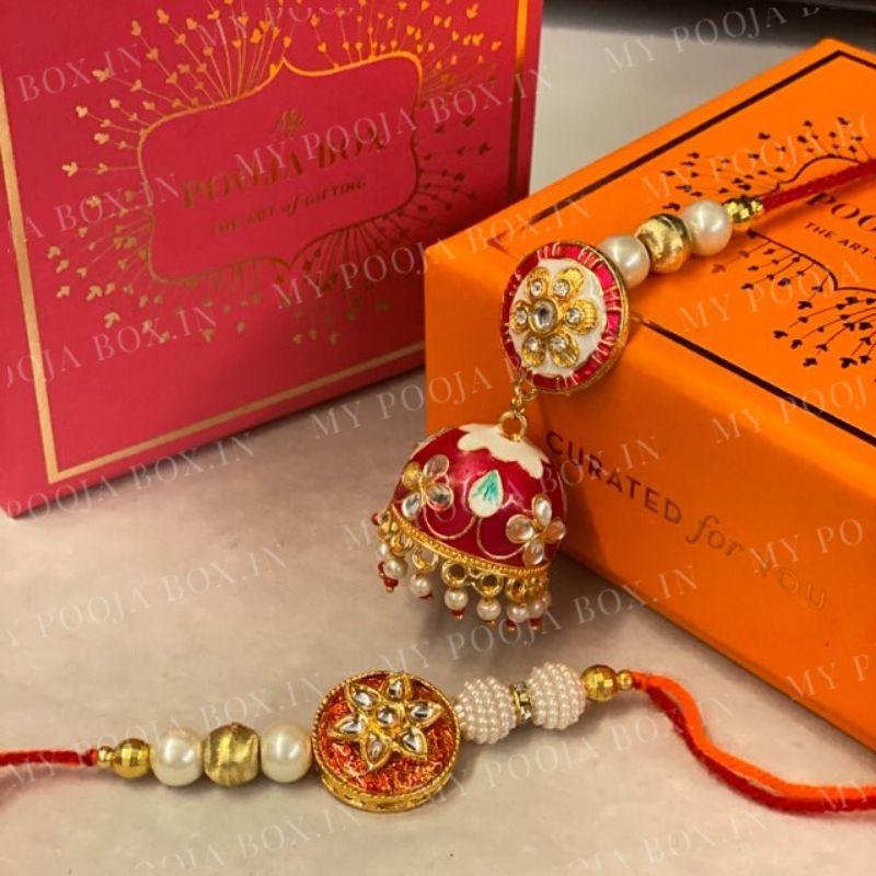 Meenakari Red Bhaiya Bhabhi Rakhi Lumba Set