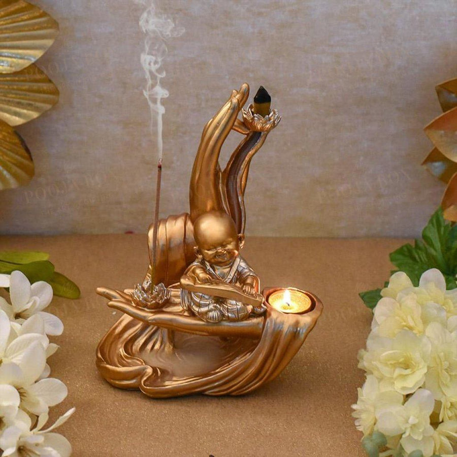 3 In 1 Little Monk Gift Setdhoop T-Light & Incense Stick Holder