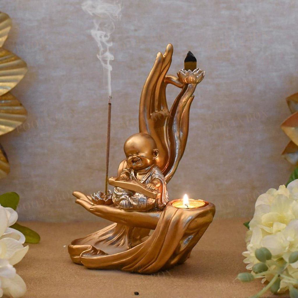 3 In 1 Little Monk Gift Setdhoop T-Light & Incense Stick Holder